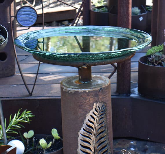 Fern bollard and glass birdbath, Tread Sculptures, Melbourne
