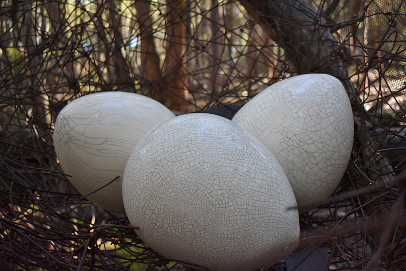 'Nestle' wire nest with ceramic eggs, by Tread Sculptures, Melbourne