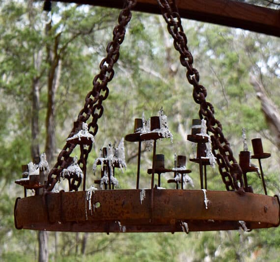 Handmade outdoor candle chandelier by Tread Sculptures in Melbourne, Australia