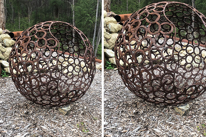 Large sized scrap metal sphere handmade by Tread Sculptures in Melbourne, Australia