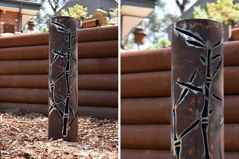 Scrap metal bollard bamboo made by Tread Sculptures in Melbourne, Australia