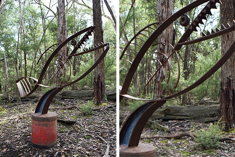 Recycled metal garden art handmade by Tread Sculptures and glass work designed by Rob Hayley in Melbourne, Australia