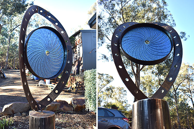 Scrap metal and glass garden art handmade by Tread Sculptures in Melbourne, Australia