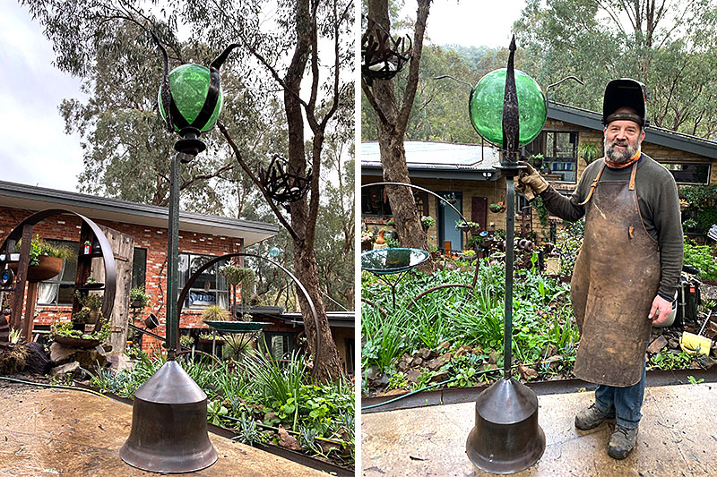 Stunning scrap metal emerald orb handmade by Tread Sculptures in Melbourne, Australia