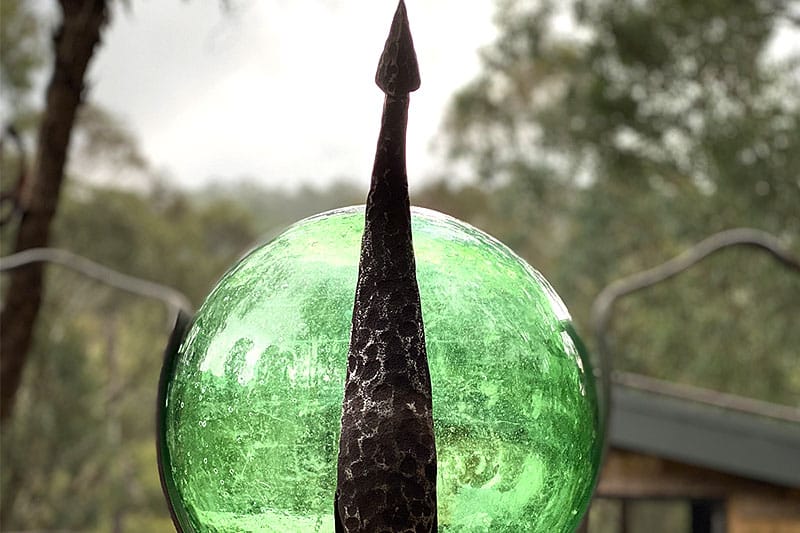 Stunning scrap metal emerald orb handmade by Tread Sculptures in Melbourne, Australia