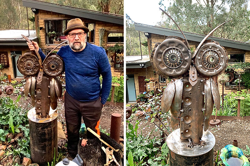 Quirky owl made of reclaimed materials by Tread Sculptures in Melbourne, Australia