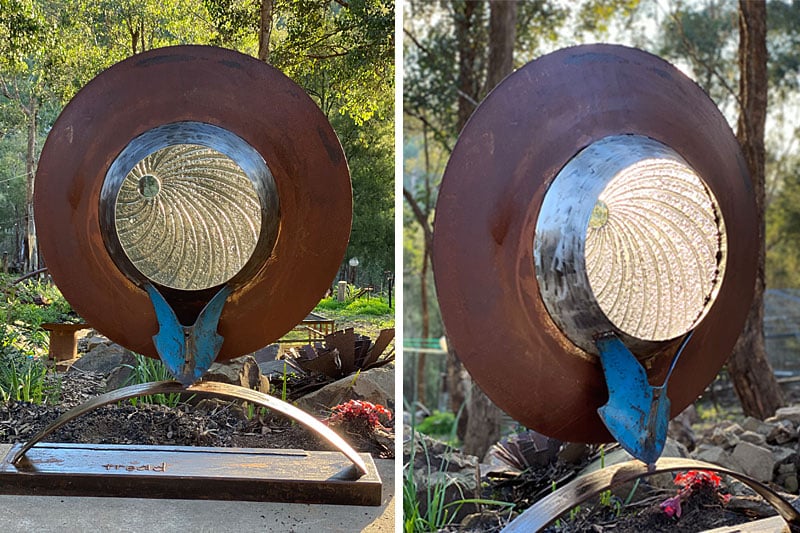 Reclaimed mild and stainless steel spinnings handmade by Tread Sculpture. Slumped grey glass by Rob Haley in Melbourne, Australia.
