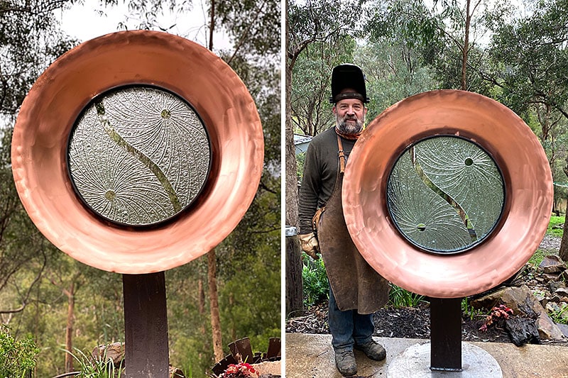 Impressive garden art glass made of reclaimed materials handmade by Tread Sculptures and Rob Hayley in Melbourne, Australia