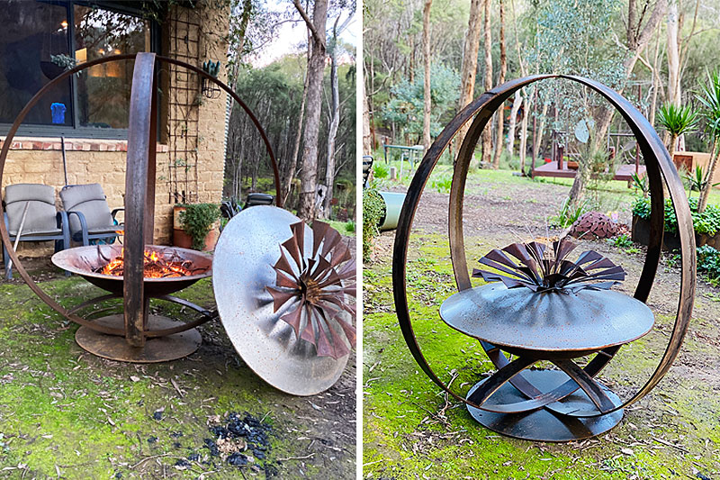 Cozy fire pit made of reclaimed materials by Tread Sculptures in Melbourne, Australia