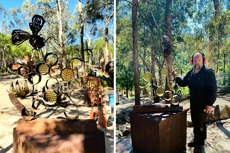 Quirky sculptural bee made of scrap metals by Tread Sculptures in Melbourne, Australia