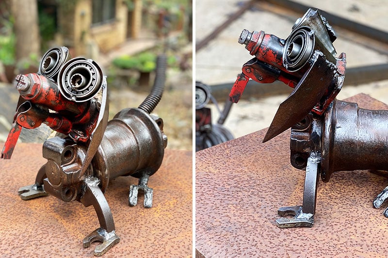 Quirky scrap metal dog made of 100% reclaimed materials by Tread Sculptures in Melbourne, Australia