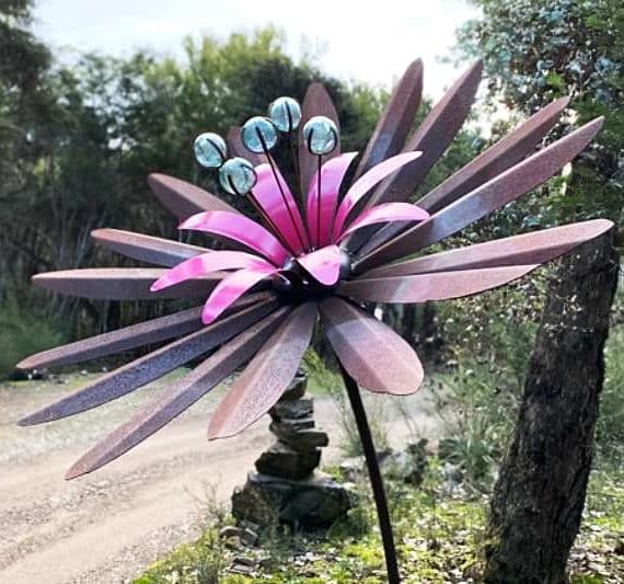 Metal flower sculpture made from recycled materials