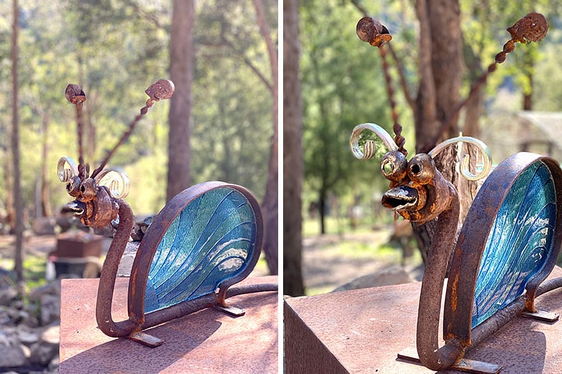 Upcycled metal snail that is attractive to any landscaping. Handmade by Treads Sculptures in Melbourne, Australia