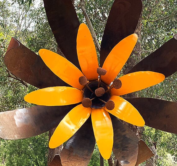 Vibrant upcycled flower garden art handmade by Tread Sculptures in Melbourne, Australia