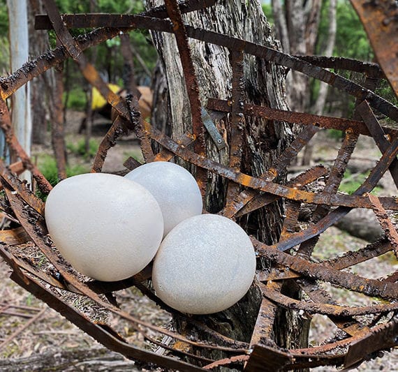 Huge scrap metal bird's nest with eggs handmade by Tread Sculptures in Melbourne, Australia