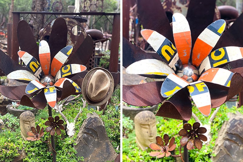 Upcycled flower garden art handmade by Tread Sculptures in Melbourne, Australia