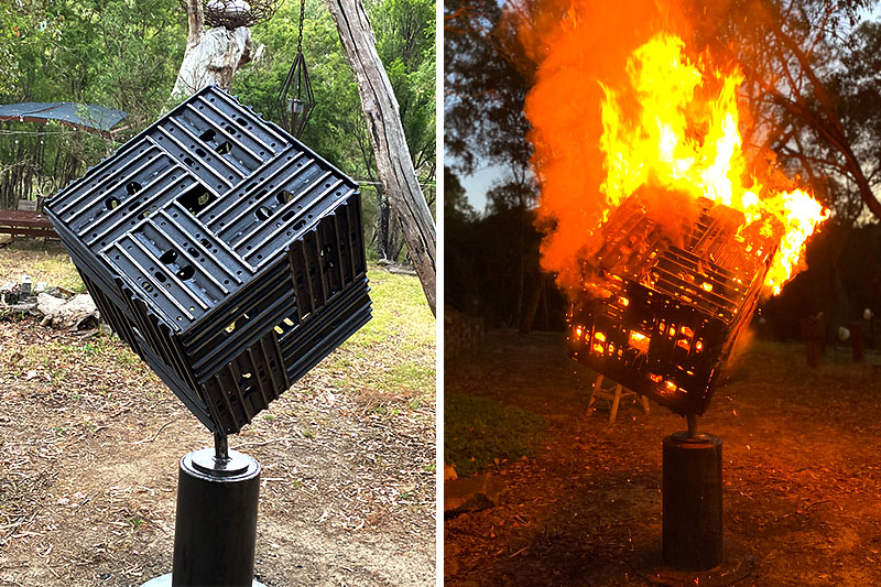 Cozy upcycled fire pit handmade by Tread Sculptures in Melbourne, Australia