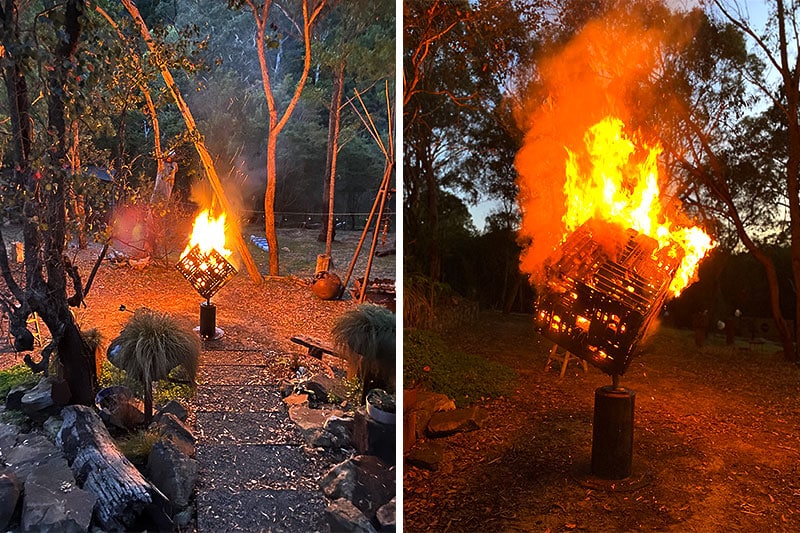 Cozy upcycled firepit handmade by Tread Sculptures in Melbourne, Australia