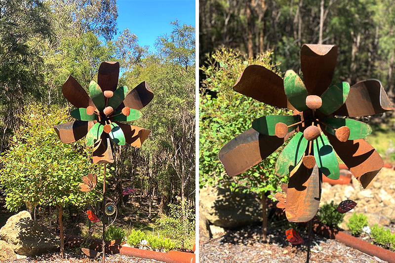Rusty flower made of scrap metals handmade by Tread Sculptures in Melbourne, Australia