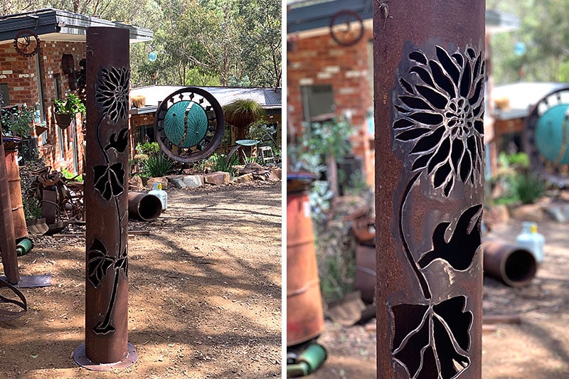 Tall upcycled bollard handmade by Tread Sculptures in Melbourne, Australia