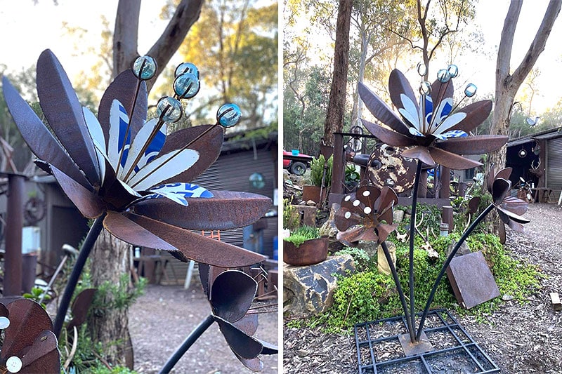 Outdoor scrap metal flower art made from recycled materials by Tread Sculptures in Melbourne, Australia