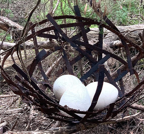 Huge scrap metal nest with eggs handmade by Tread Sculptures in Melbourne, Australia