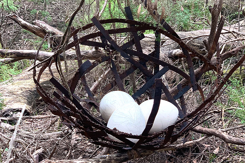 Huge scrap metal nest with eggs handmade by Tread Sculptures in Melbourne, Australia
