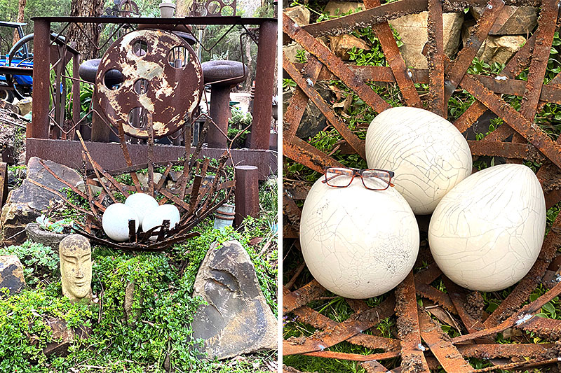Recycled nest with ceramic eggs handmade by Jack Latti and Tread Sculptures in Melbourne, Australia