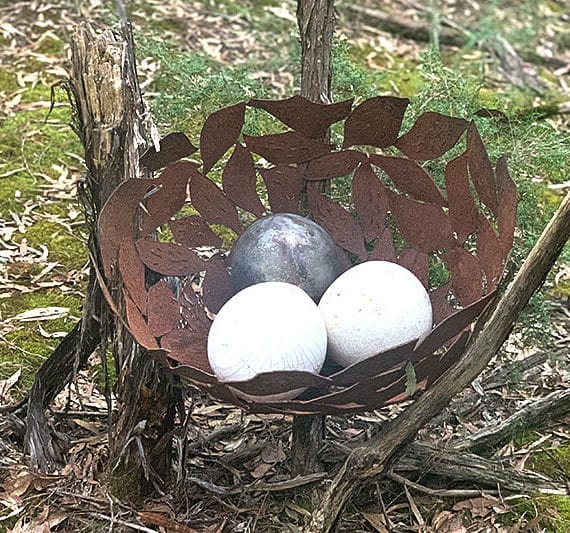 Steel bird nest sculpture with ceramic eggs, Tread Sculptures, Melbourne