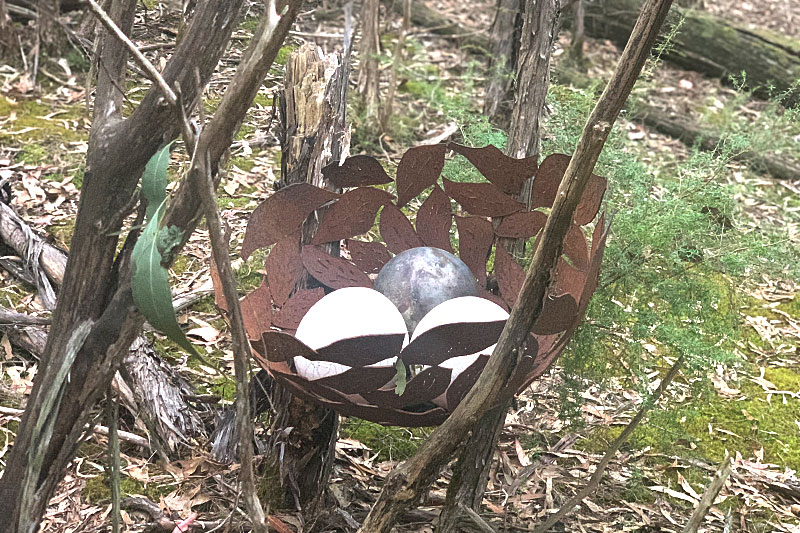 Steel bird nest sculpture with ceramic eggs, Tread Sculptures, Melbourne