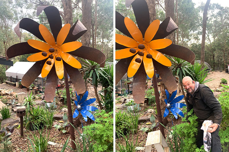 Huge scrap metal flower handmad by Tread Sculptures in Melbourne, Australia