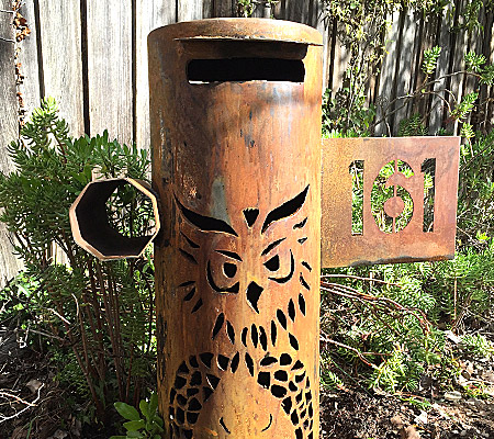 Reclaimed metal owl letterbox by Tread Sculptures, Melbourne