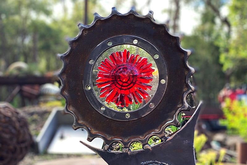 Red metal glass sculpture made from recycled materials by Tread Sculptures in Melbourne, Australia
