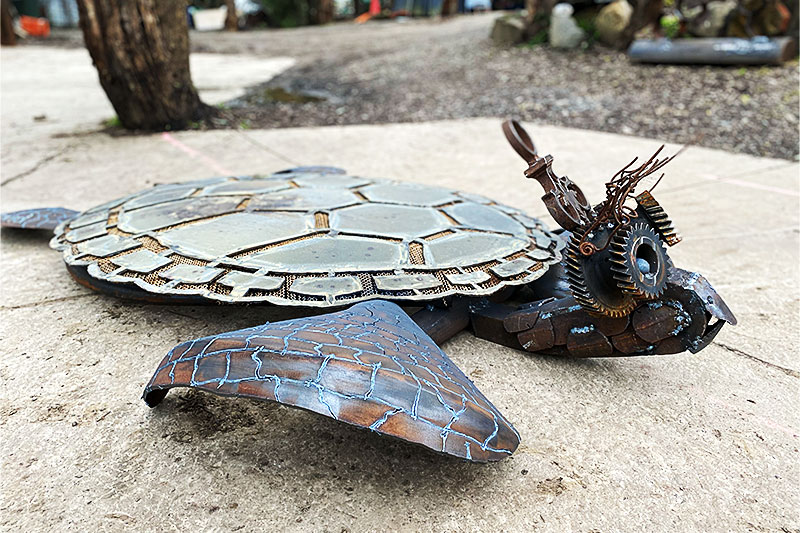 Quirky scrap metal sea turtle made from reclaimed materials by Tread Sculptures in Melbourne, Australia