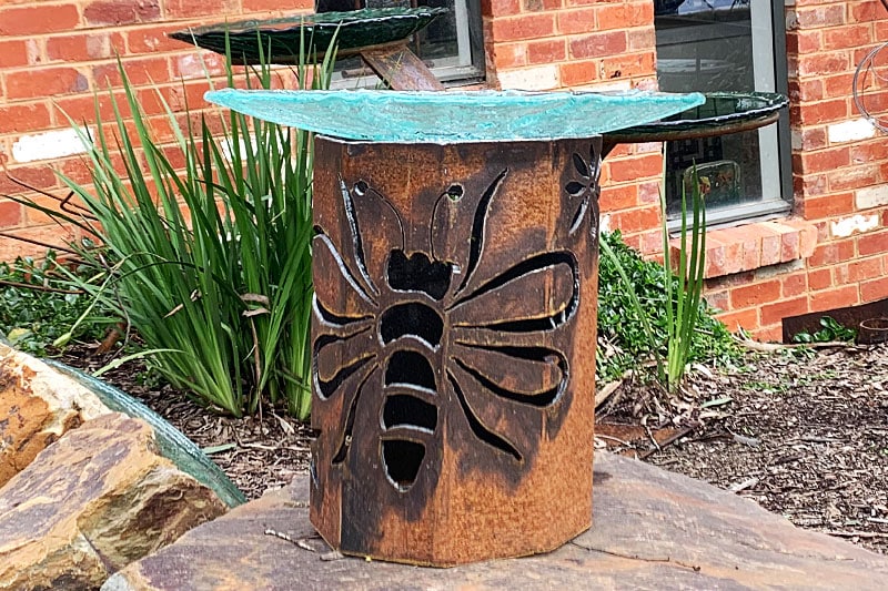 Rusty metal birdbath made from recycled materials by Tread Sculptures in Melbourne, Australia