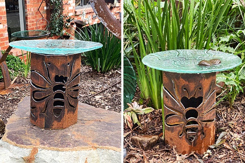 Rusty metal birdbath made from recycled materials by Tread Sculptures in Melbourne, Australia