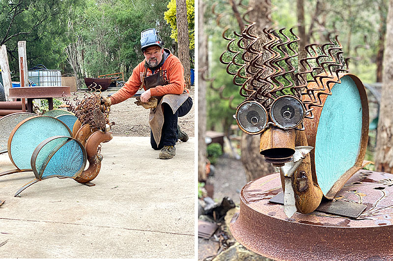 Reclaimed metal snail made from secondhand materials by Tread Sculptures and glass artist Rob Hayley in Melbourne, Australia