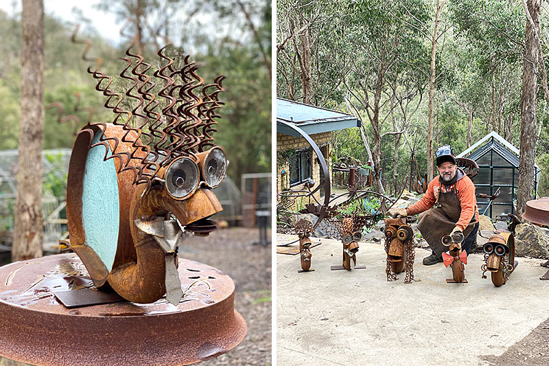 Reclaimed metal snail made from secondhand materials by Tread Sculptures and glass artist Rob Hayley in Melbourne, Australia