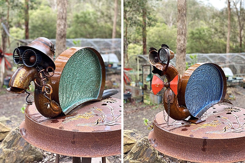 Couple snail sculptures made from reclaimed materials by Tread Sculptures and glass artists Rob Hayley n Melbourne, Australia