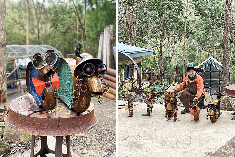 CouplCouple snail sculptures made from reclaimed materials by Tread Sculptures and glass artists Rob Hayley n Melbourne, Australia