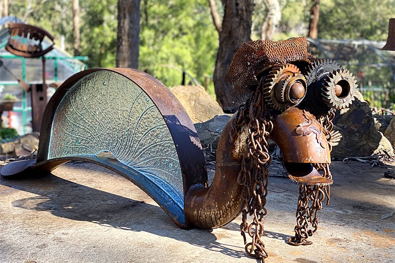 Scrap metal snail made from recycled materials by Tread Sculptures and Rob Hayley in Melbourne, Australia