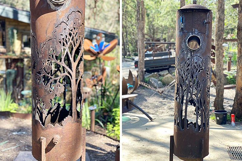 Rusty old tank letterbox made from recycled materials and cut by Linda McAulay in Melbourne, Australia