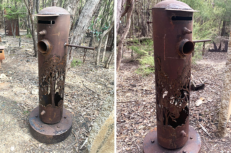 Rusty old tank letterbox made from recycled materials and cut by Linda McAulay in Melbourne, Australia