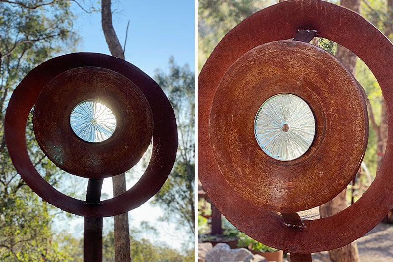 Upcycled rusty metal and slumped glass centre piece is handmade by Rob Hayley and Tread Sculptures in Melbourne, Australia
