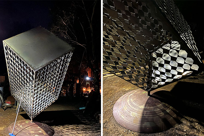Recycled cube metal sculpture made from 100% reclaimed materials by Tread Sculptures and Rob Hayley in Melbourne, Australia