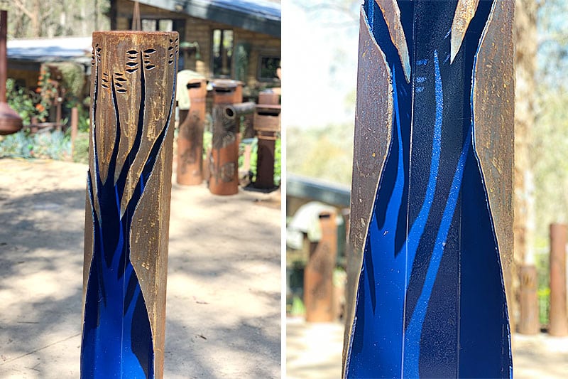 Stunning blue boab bollard handmade from secondhand materials by Tread Sculptures in Melbourne, Australia