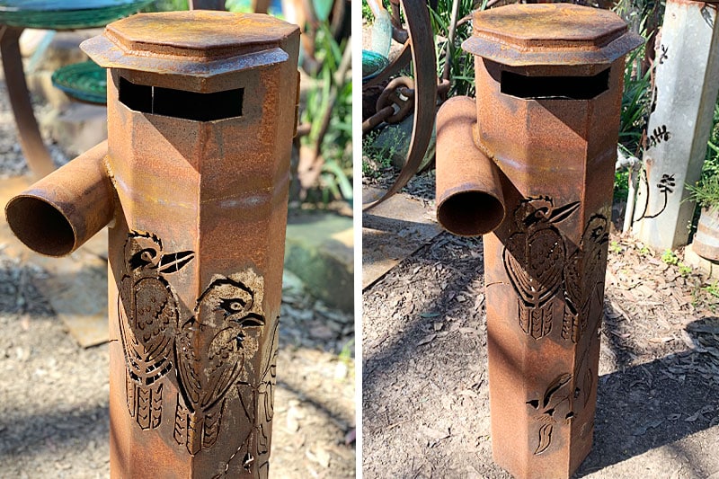 Scrap metal kookaburra letterbox handmade by Tread Sculptures and Linda MacAuley in Melbourne, Australia