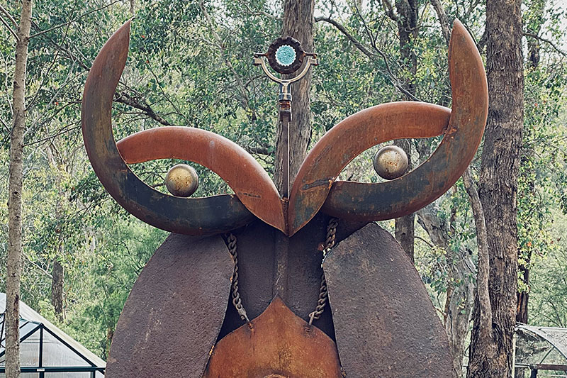 Scrap metal owl sculpture made from recycled materials by Tread Sculptures in Melbourne, Australia