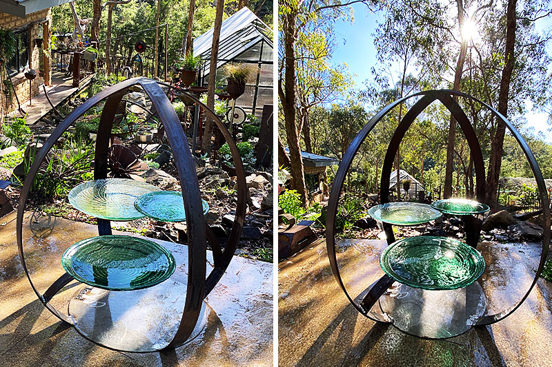 Recycled metal birdbath handmade by Tread Sculptures in Melbourne, Australia
