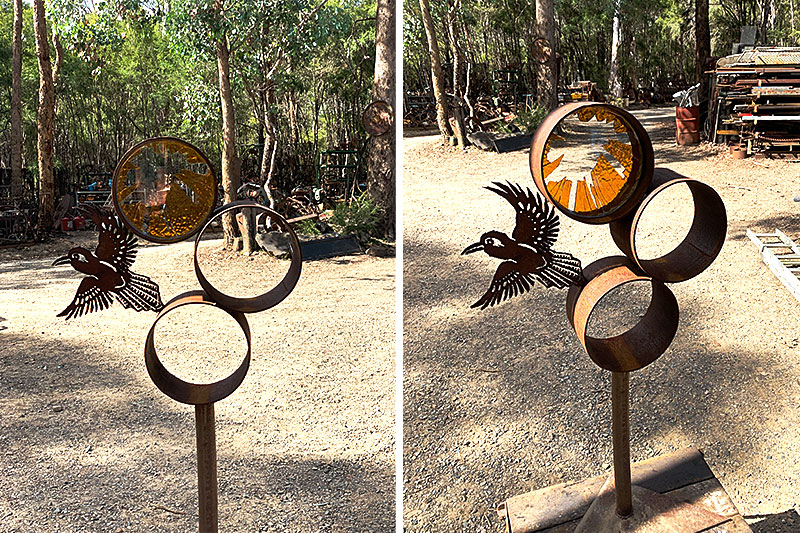 Scrap metal kookaburra moon handmade by Tread Sculptures in Melbourne, Australia